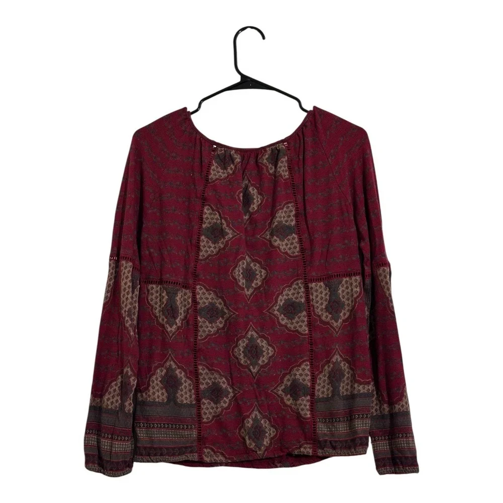 Lucky Brand Bohemian Medallion Print Burgundy Peasant Top‎ Women's Size Small